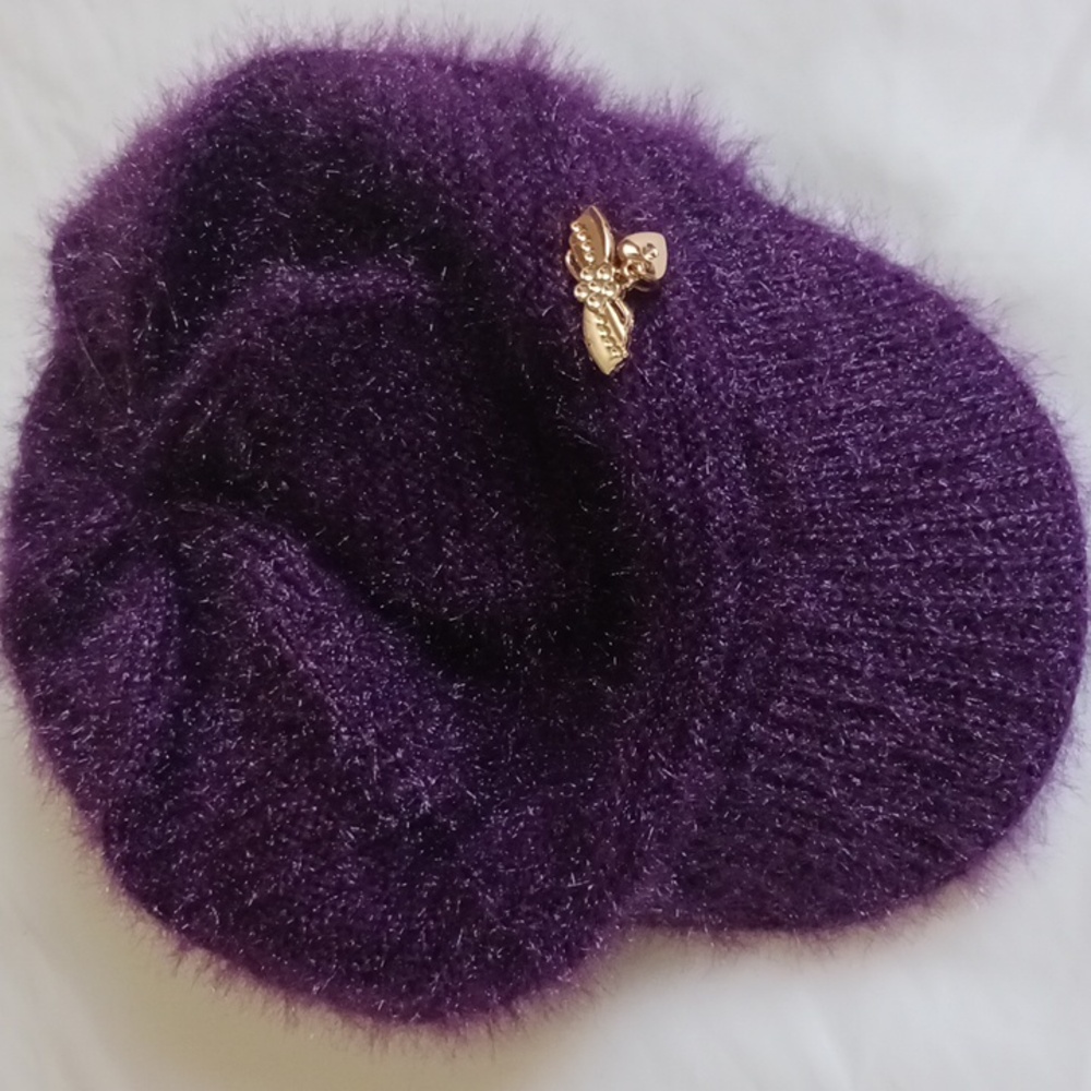 Metallic Knit Hat Purple Color And Gold Bee Detail